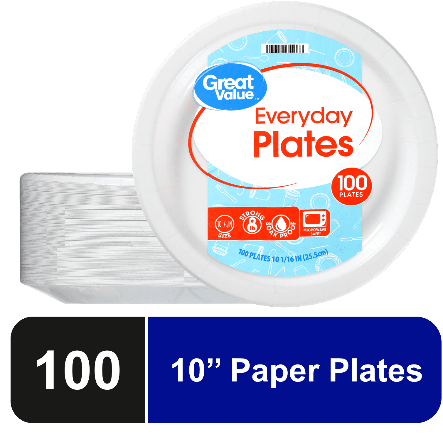 Great Value Disposable Paper Plates, 10", White, 100 Count