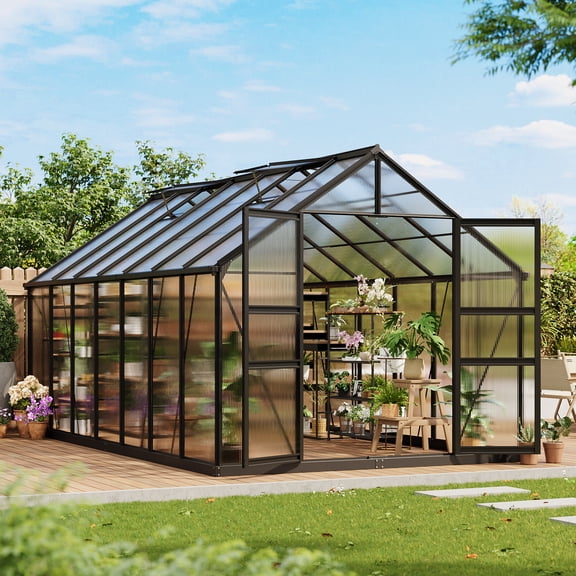 Large Walk-In Polycarbonate Greenhouse, Aluminum Frame, Roof Vent, Wind Resistant, Quick Setup for Backyard