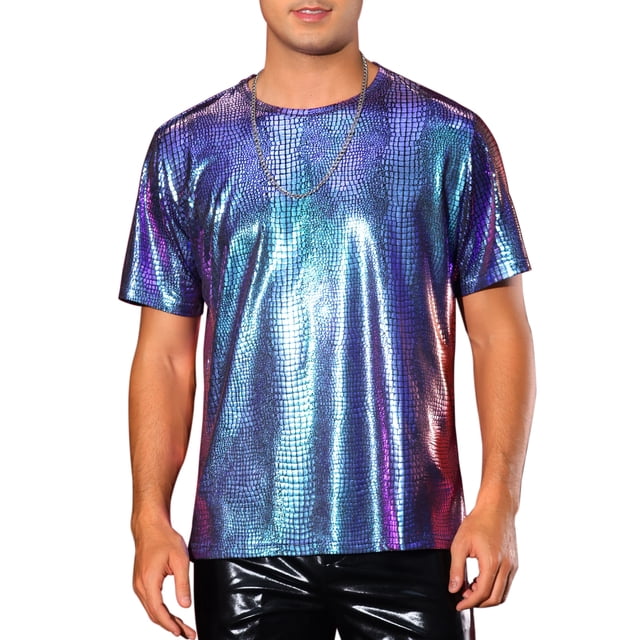 Camiseta de fiesta disco de manga corta para hombres con estampado de animales metálico INSPIRE CHIC S Púrpura Azul