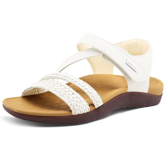 Pennysue Women's Arch Support Sandals White Woven Orthopedic Walking Sandals 8M