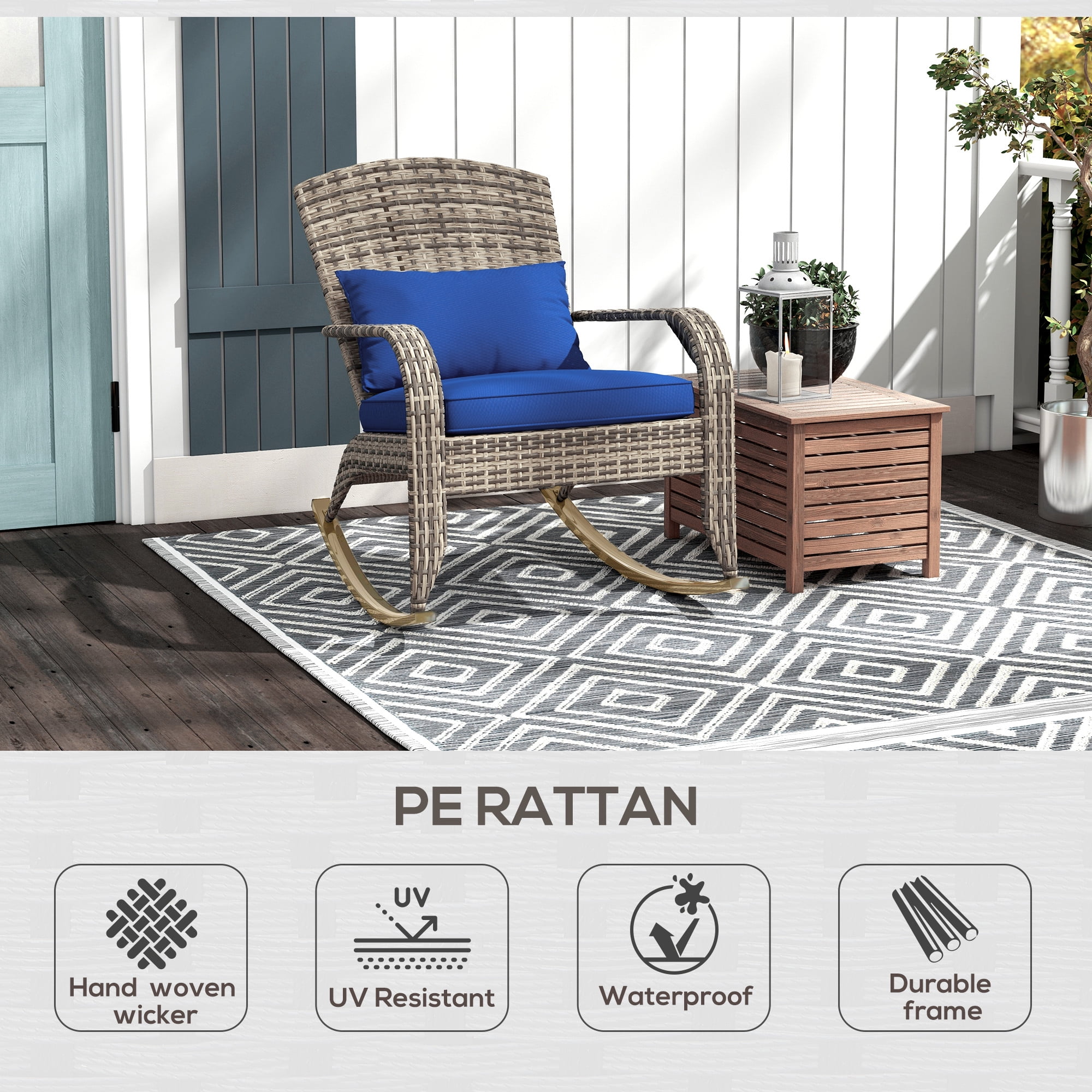 Adirondack Chair, Outdoor Wicker Rocking Chair with High Back, Seat Cushion, and Pillow for Porch, Balcony, Dark Blue