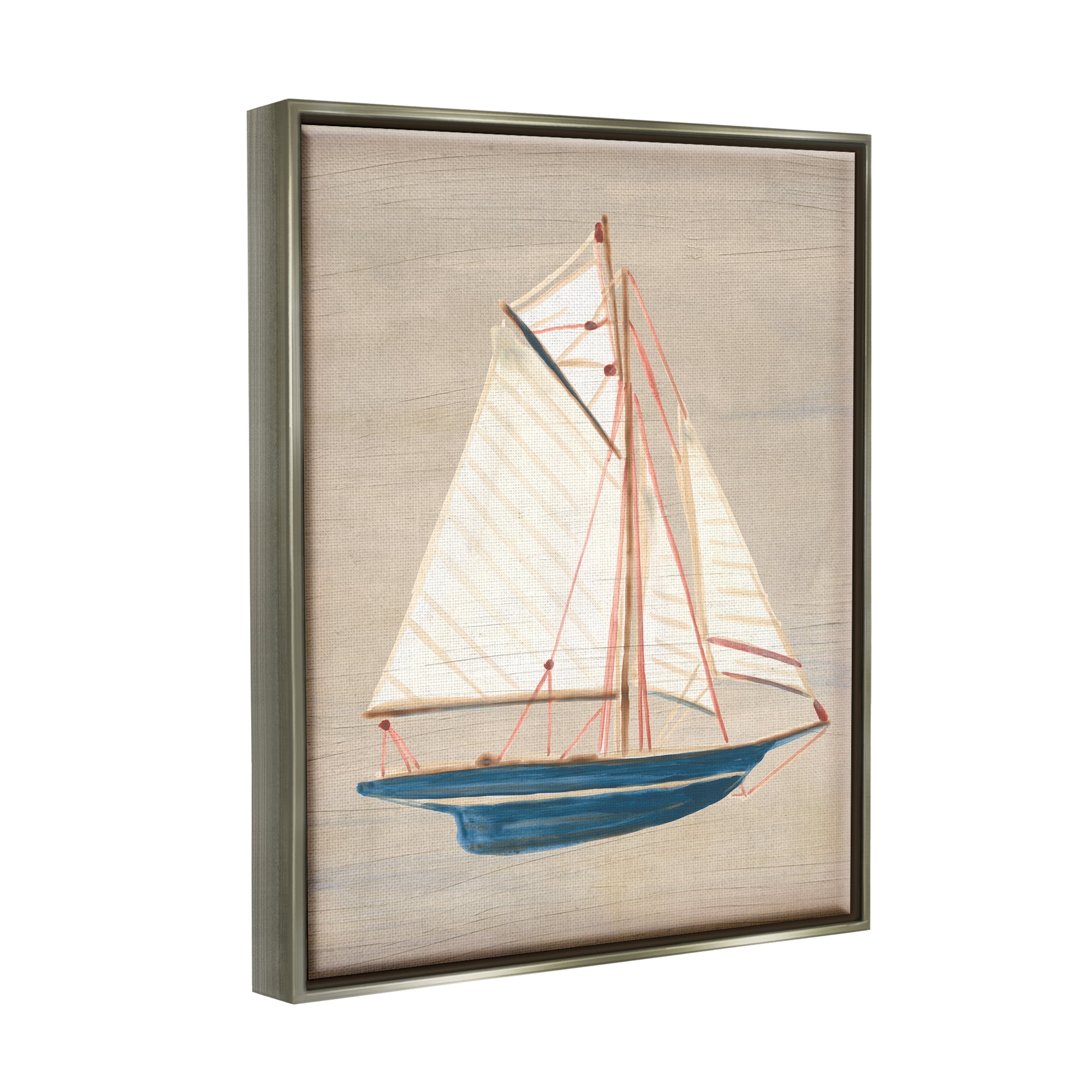 Stupell Industries Rustic Blue Sailboat Transportation Painting Gray Floater Framed Canvas Art Print Wall Art, 17 x 21