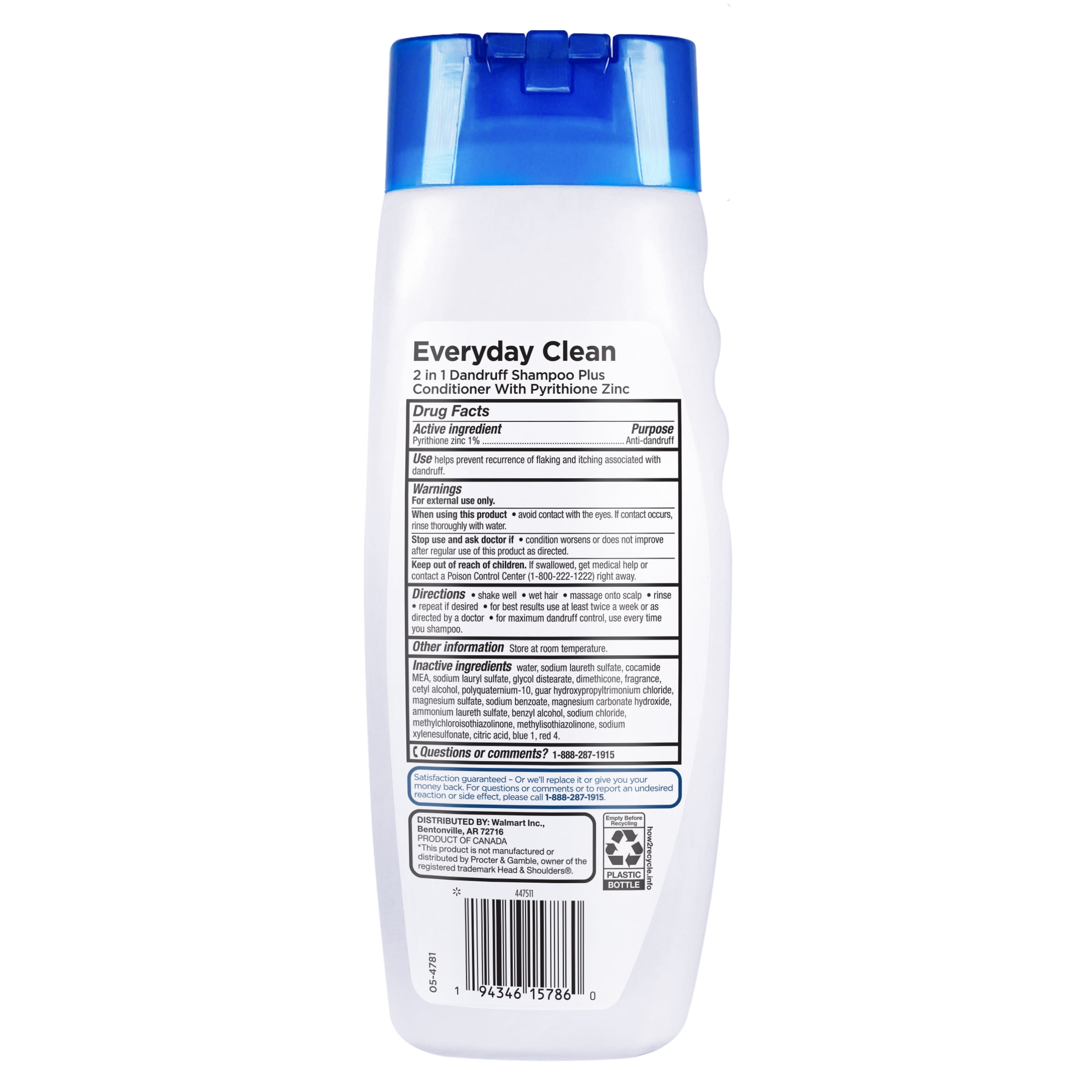 Equate 2 in 1 Everyday Clean Dandruff Shampoo & Conditioner with Pyrithione Zinc for Scalp & Hair Care, 12.5 fl oz, Compare to Head & Shoulders Active Ingredient