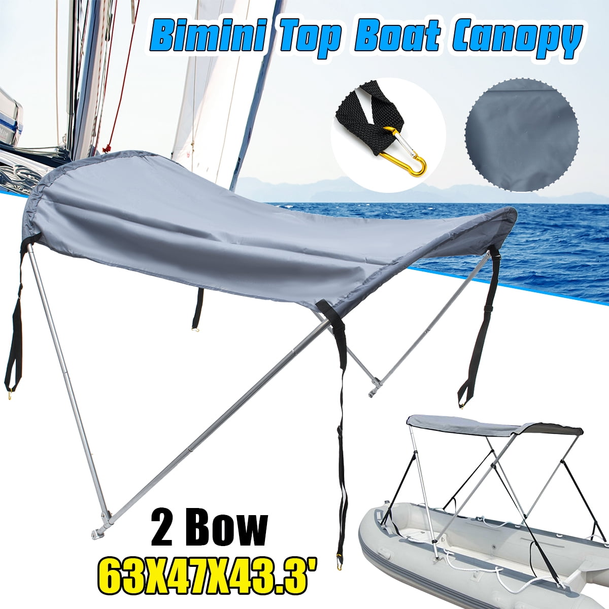 2 Bow Bimini Top Grey 160cm Water Resistant Boat Canopy Canvas Cover 