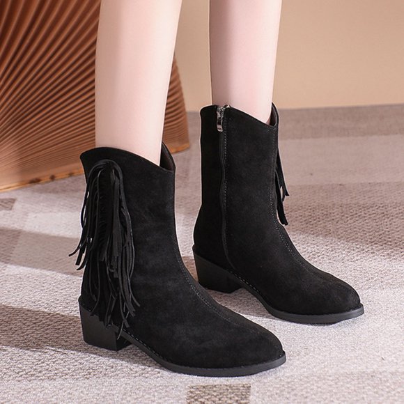 Women's Fringe Western Boots Wide Calf Riding Cowgirl Cowboy Bootie Casual Chunky Mid Heel Pull-on Knee High Boots