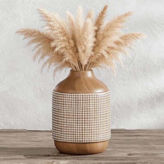 YVTVY Ceramic Vase, Modern Farmhouse Brown & White Textured Flower Vase, Natural Wood Tone Decorative Boho Centerpiece for Table, Shelf, Living Room, Bedroom, 7.6 Inch
