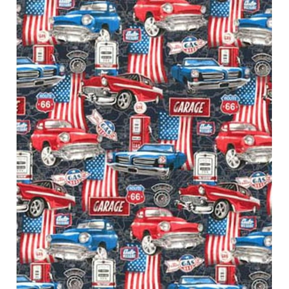 Car Travel Americana on Black Novelty Cotton Fabric