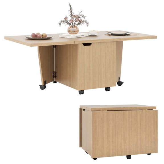 48-inch Foldable & Extendable Coffee Table with Storage Cabinets, Locking Casters - Rustic Oak Finish, Multi-Functional Center Table for Living Room