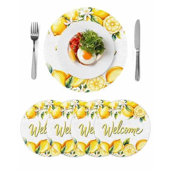 Yellow Lemons Round 15 Inch Placemats Set of 4, Summer Fruits Leaves Pastoral Botanical HeatResistant Non Slip Place Mats for Dining Table, Wipeable Braided Kitchen Table Mats for Housewarming