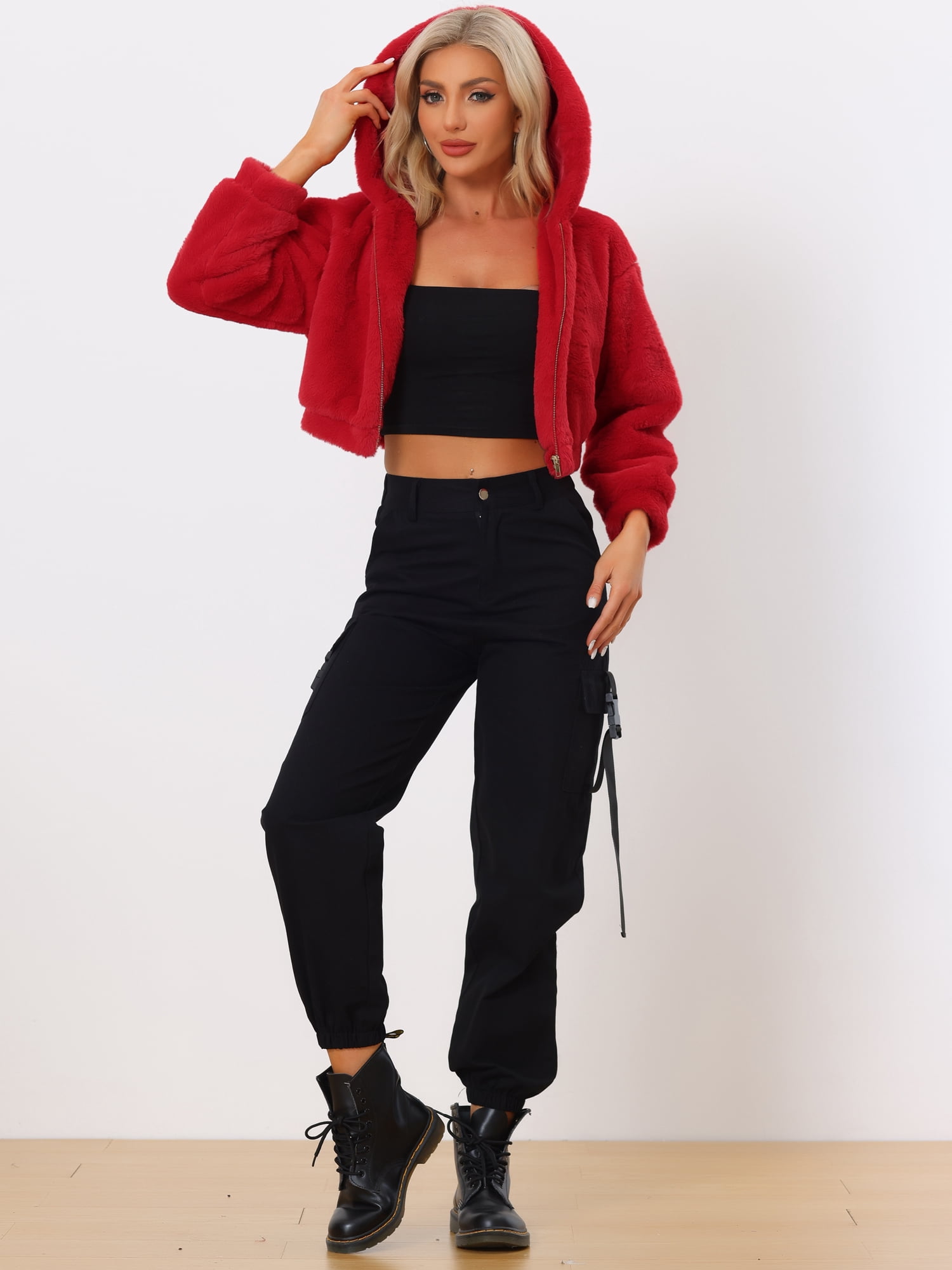 DARING DIVA Women's Faux Fur Zip Up Casual Fuzzy Hooded Crop Jacket XL Red