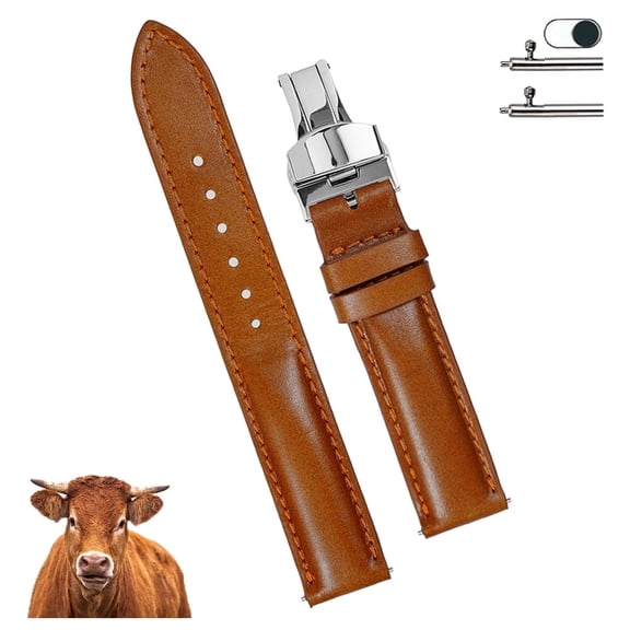 19mm Tan Brown Leather Watch Band Men Deployment Clasp Watch Strap Soft Handmade Wristband Quick Release Replacement Butterfly Buckle, Vintage Gift for Father's Day Dad Son Husband