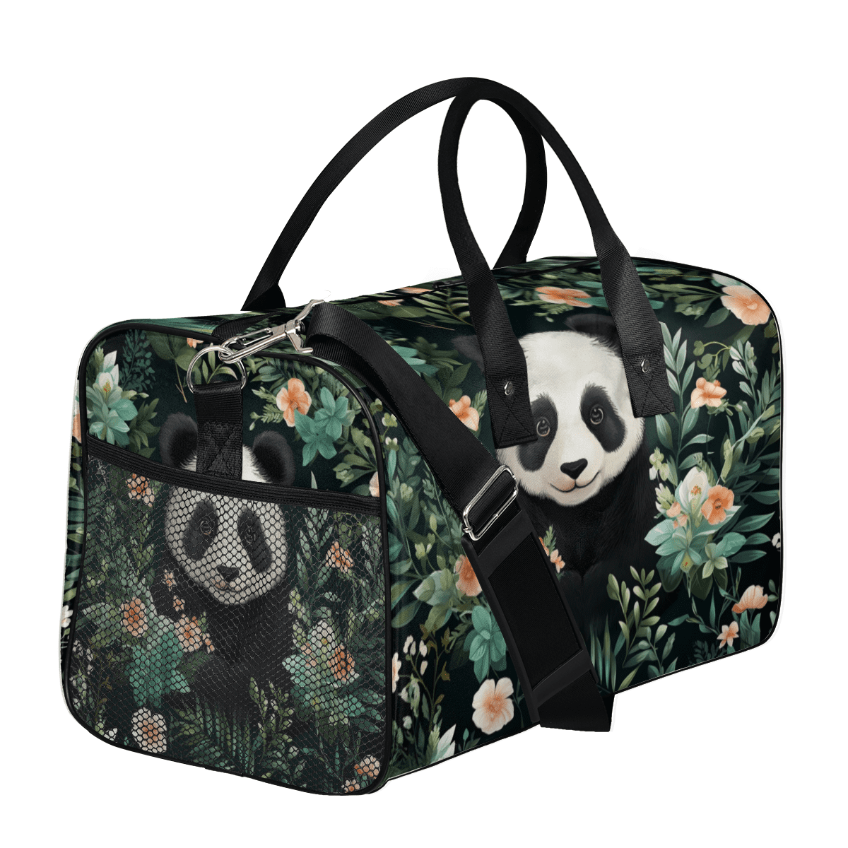 Herdesigns Panda Gym Bag for Women Men, Travel Duffle Bag Lightweight Waterproof Carry on Weekender Overnight Tote for Dance Cheer Sport, Panda Flowers