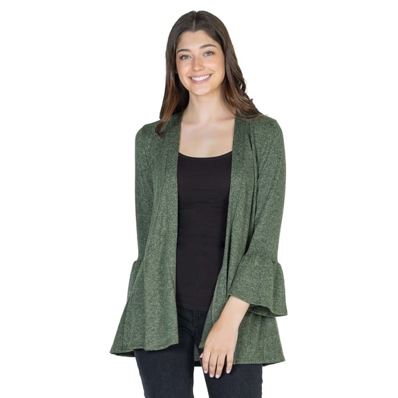 24seven Comfort Apparel Womens Knit Three Quarter Bell Sleeve Open Cardigan-R006385-OLIV-L