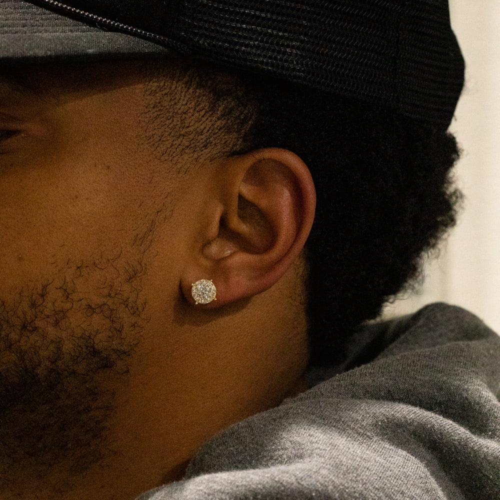 Yellow Gold Plated 925 Sterling Silver Screw Back Post Large Unisex Round Hip hop CZ Flower Cluster Big Circle Shape Stud Earrings