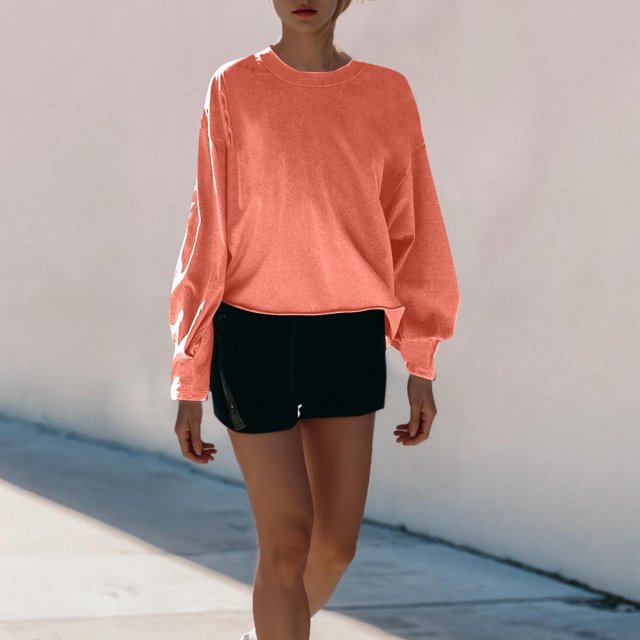 Sentmoon Tunique Mode Manches Longues Hauts pour Femmes Couleur Unie Col Rond Décontracté Hauts à Manches Longues pour Femmes Régulier Respirant Mode Automne pour Femmes 2024 Orange m Liquidation Ventes Aujourd'hui Aubaines Prime