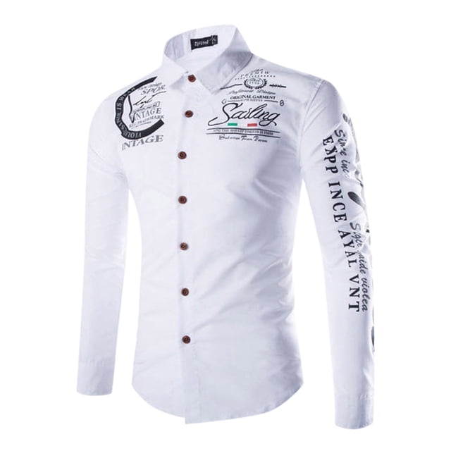 Camisas Para Hombre Camisa vaquera occidental para hombre con letras, manga larga, corte entallado, informal, de poliéster, con botones, estilo hippie, cuello (White, L)