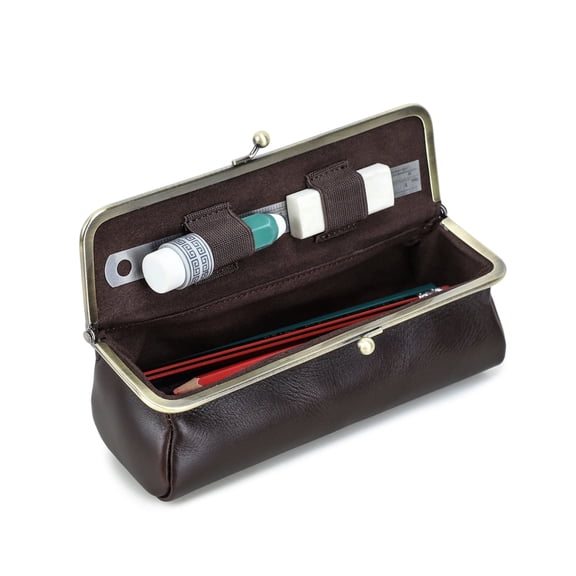 Hiram Leather Pencil Case, kiss Lock Pen Pouch, Office Stationery Gift ,Handmade Large Capacity Pencil Bag,Coffee