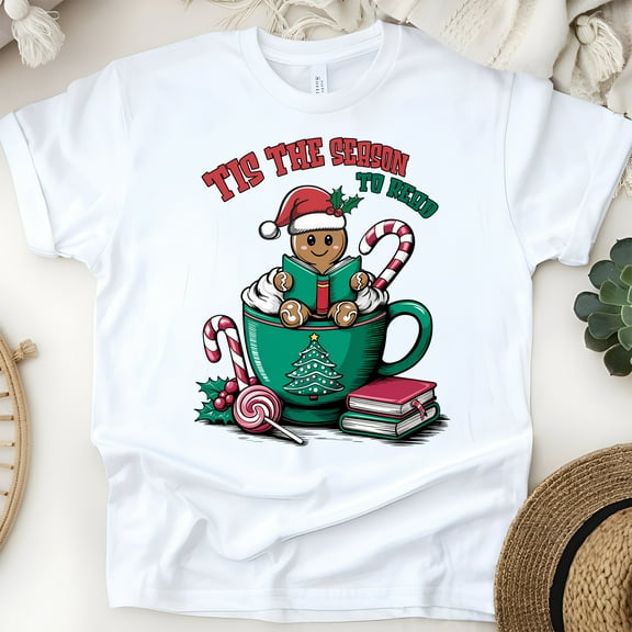 Tis The Season To Read T-Shirt | Gingerbread Hot Cocoa Book Lover Tee, White, Size S