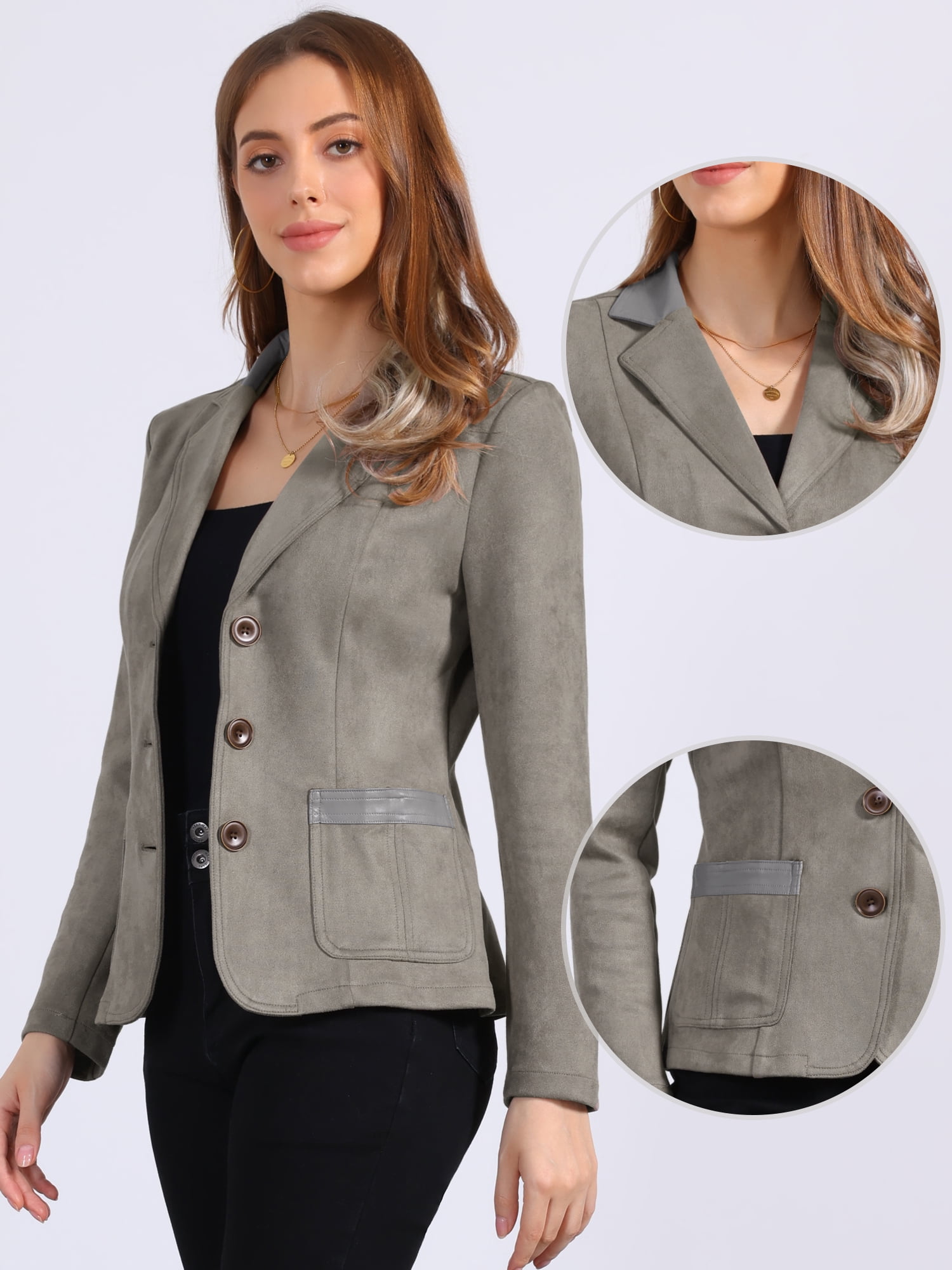 DARING DIVA Women's Faux Suede Lapel Collar Button Down Long Sleeve Blazer L Grey