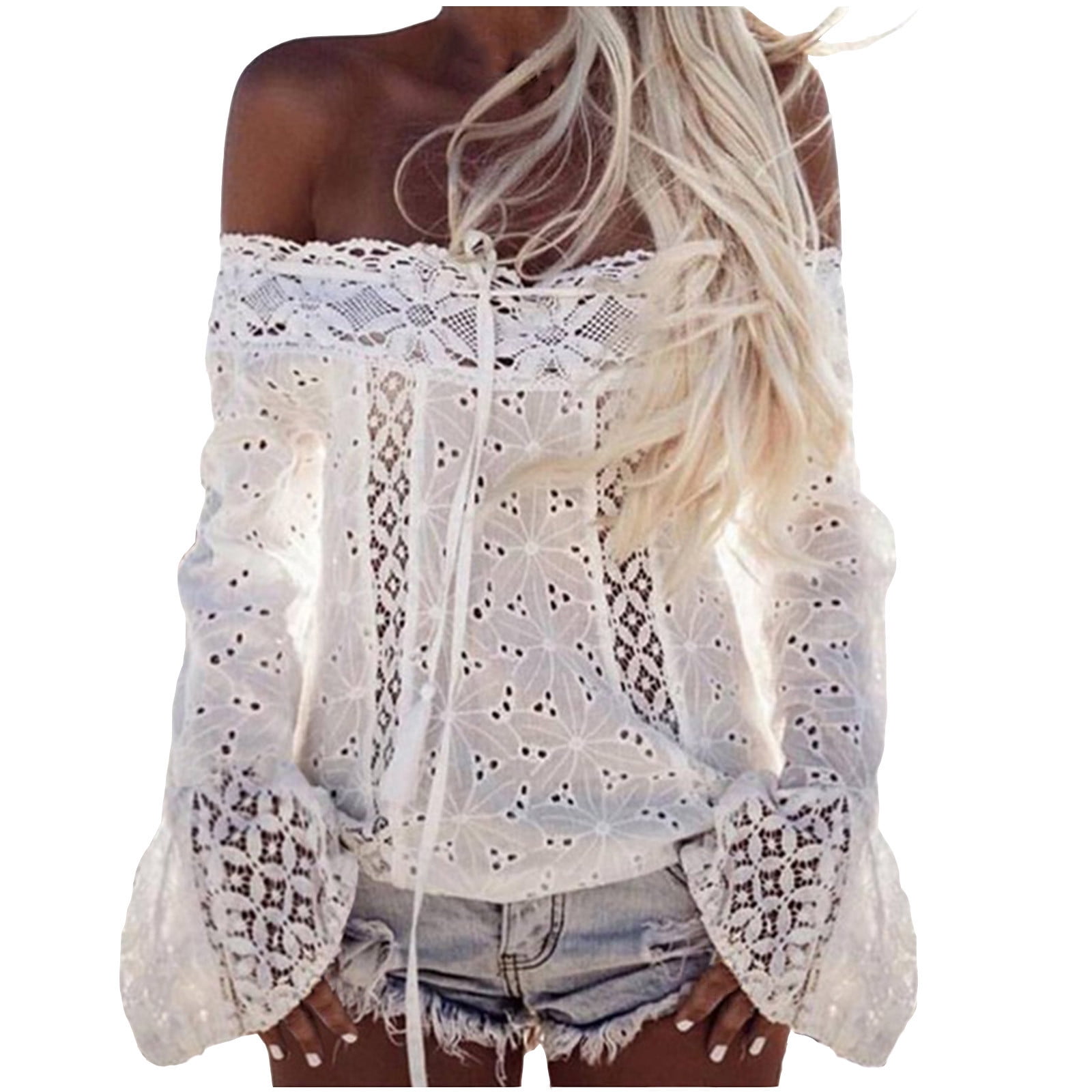Odeerbi Sexy Off The Shoulder Lace Tops for Women Bell Sleeve Fringe Tops Summer Fashion Solid Hollow Patchwork Tassel Blouses White