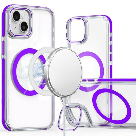 For Apple iPhone 15 Hybrid Clear Back Case with Invisible Camera Bracket Stand, MagSafe Magnetic Circle, Shockproof Color Frame Cover, XPM Phone Case [Purple]