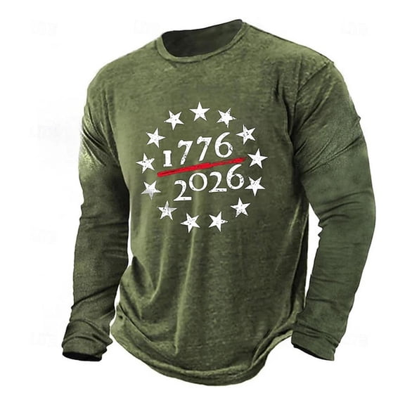 Wuxian Graphic Tshirts For Men Independence Day Long Sleeve T Shirt Summer Blouse Crew Neck USA Years Letter Striped Stars Print Celebrate America'S 250Th Anniversary Top Tees ,Army Green,S