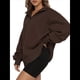 thumbnail image 2 of Sudadera de Entrenamiento de con Media Cremallera para Mujer, de Gran Tamaño, de Larga, Color Liso, con Hombros Caídos. Marrón Oscuro XXL, 2 of 5
