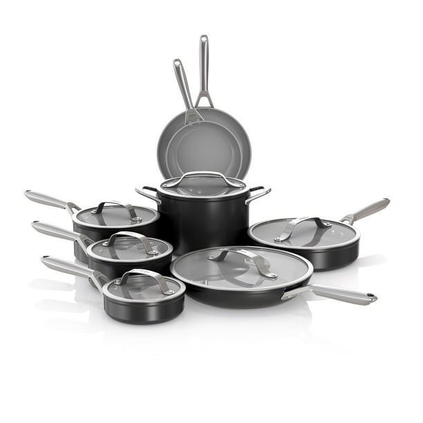 Ninja NeverStick Ceramic Pro Juego de utensilios de cocina de 14 piezas, ollas y sartenes antiadherentes con tapas de vidrio, cerámica, acero inoxidable, apto para estufa a horno, compatible con todas
