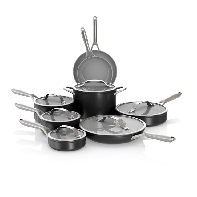 Ninja NeverStick Ceramic Pro Juego de utensilios de cocina de 14 piezas, ollas y sartenes antiadherentes con tapas de vidrio, cerámica, acero inoxidable, apto para estufa a horno, compatible con todas