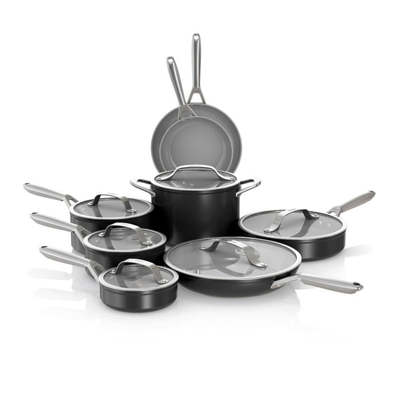 Ninja NeverStick Ceramic Pro Juego de utensilios de cocina de 14 piezas, ollas y sartenes antiadherentes con tapas de vidrio, cerámica, acero inoxidable, apto para estufa a horno, compatible con todas