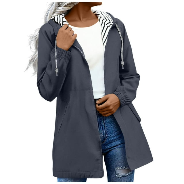 Yuyuzo Manteau de Pluie pour Femmes Imperméable Léger à Fermeture Éclair Capuchonné Imperméables Rayé Long Automne Manteaux d'Extérieur avec Poche