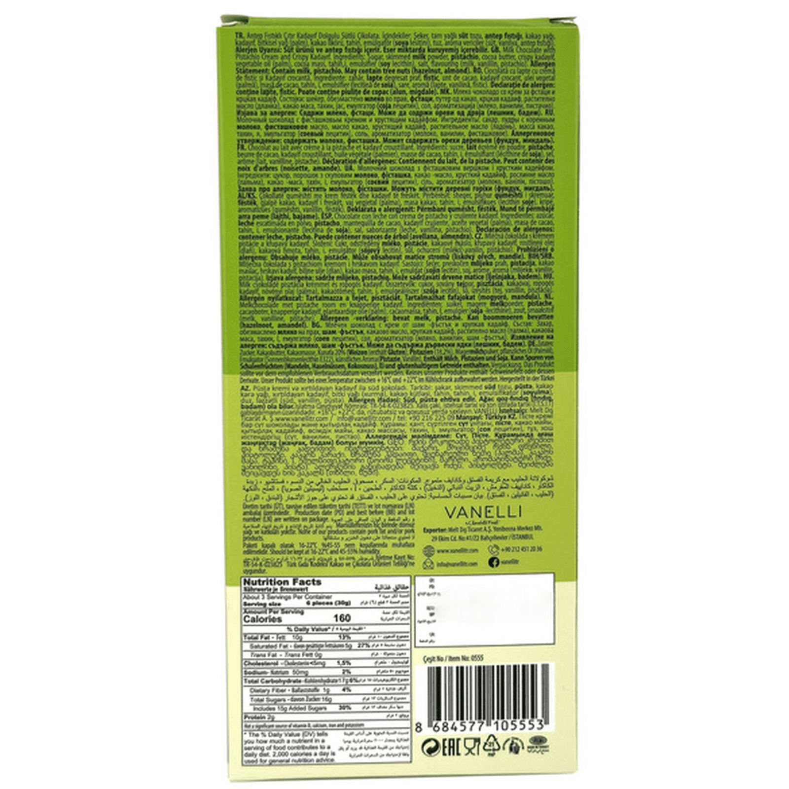 Picasso Vanelli Dubai Chocolate Bar – Premium Imported Milk Chocolate, 7 oz (200g) 6 Pack.