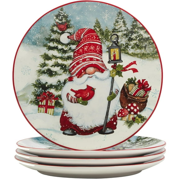 Christmas Gnomes 11" Dinner Plates, Assorted Designs, Multicolor, Large, Set of 4