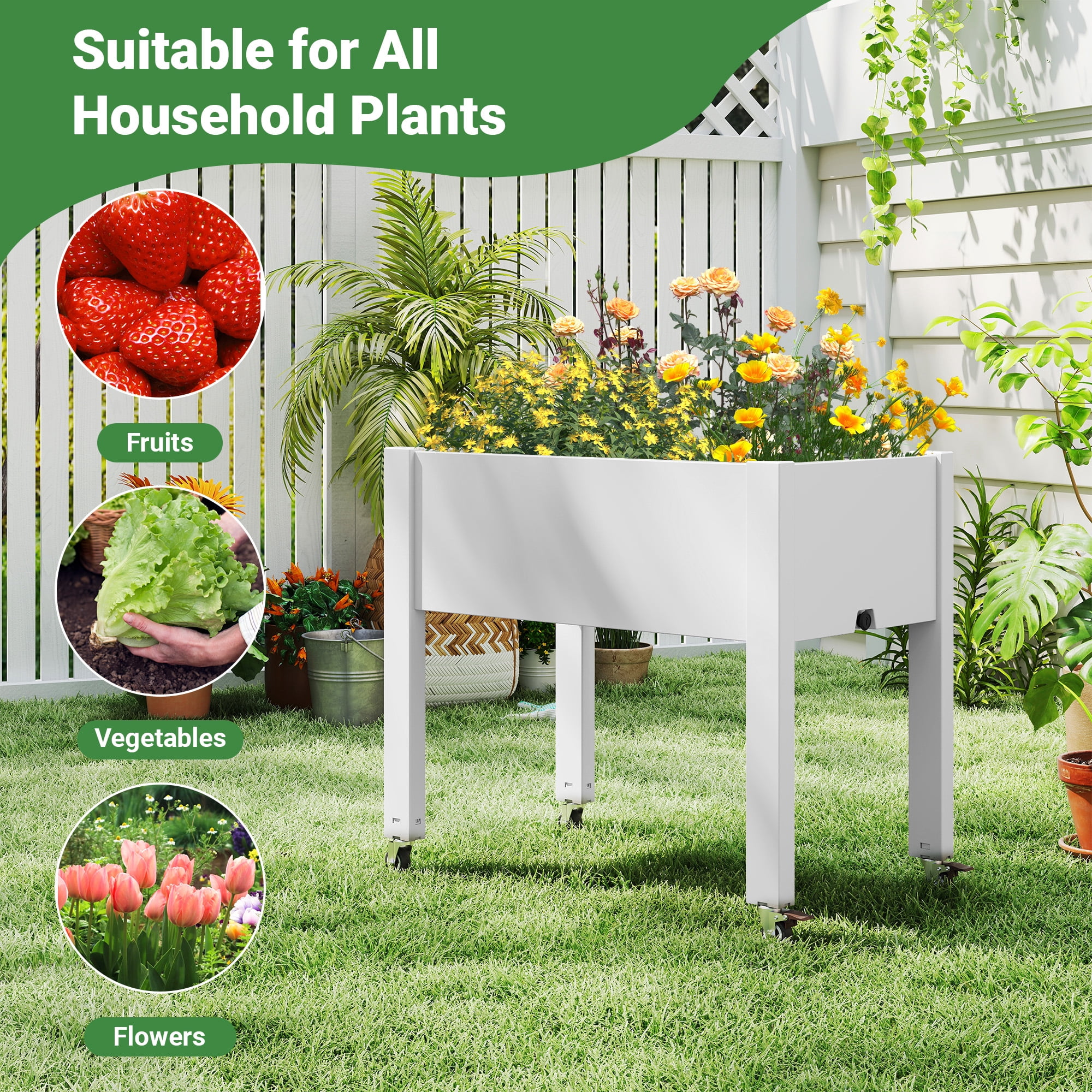 Nihsuao 30in Large Raised Garden Bed with Wheels, Outdoor Elevated Planter with Weatherproof Resin, Effective Drainage for Backyard, Patio and Balcony, White