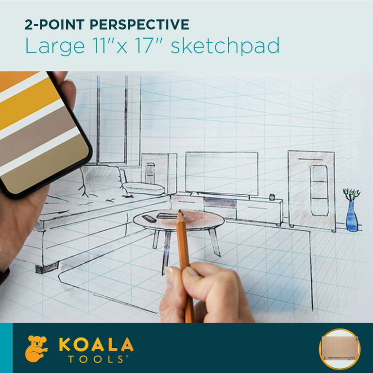 Koala Tools Drawing Perspective (2-Point) Large Sketch Pad | 11” X 17” 40  pp. | Perspective Grid Graph Paper for Interior Design, Industrial