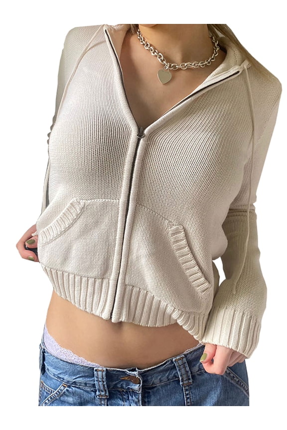 Women Y2k Zip Up Hoodie Cardigan Sweater Solid Long Sleeve Drawstring Knit Hoodies Lightweight Sweatshirts