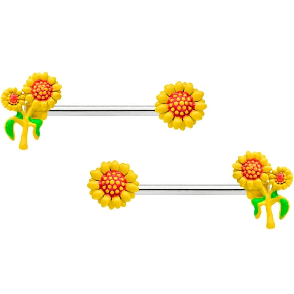 Body Candy 14G Womens Piercing 316L Steel 2Pc Happy Yellow Sunflower Trio Nipple Ring Set 9/16
