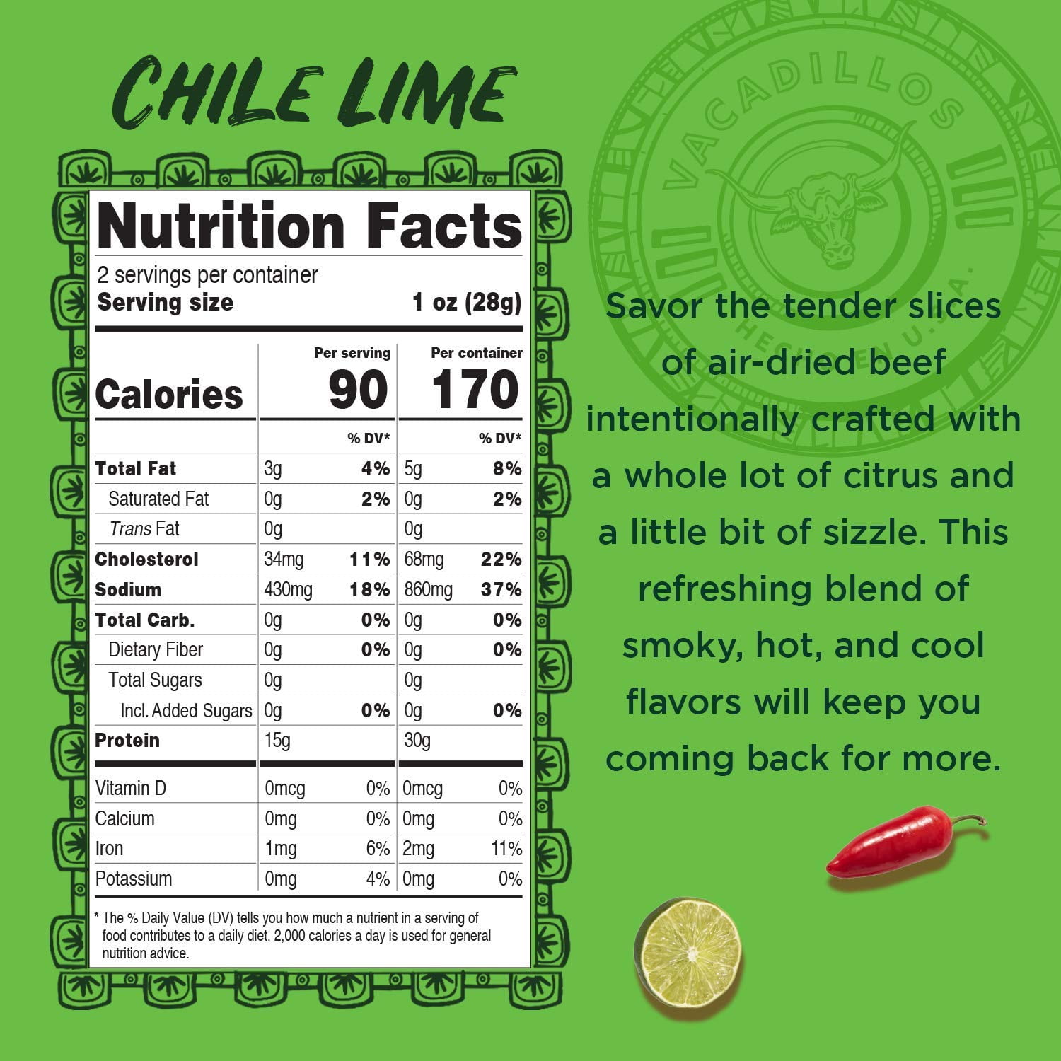 Vacadillos Jerky Carne Chile Lime 2 Ounces Pack of 8