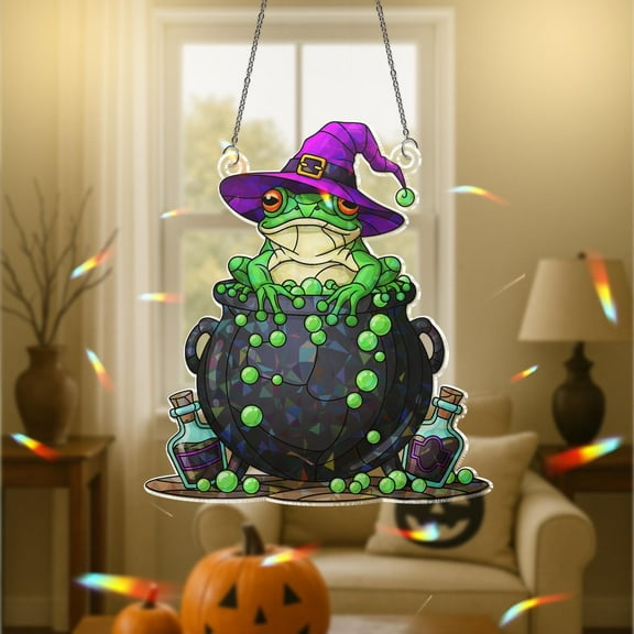 Witchy Frog Suncatcher Holographic Acrylic Cauldron Window Decor Cute Halloween Frog Sun Catcher for Spooky Cottagecore Vibes
