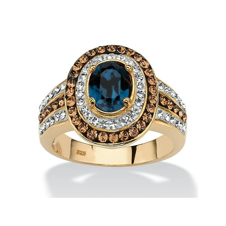Oval-Cut Sapphire Blue Crystal Halo Ring with Chocolate Crystal Accents MADE WITH SWAROVSKI ELEMENTS in 18k Gold over Sterling