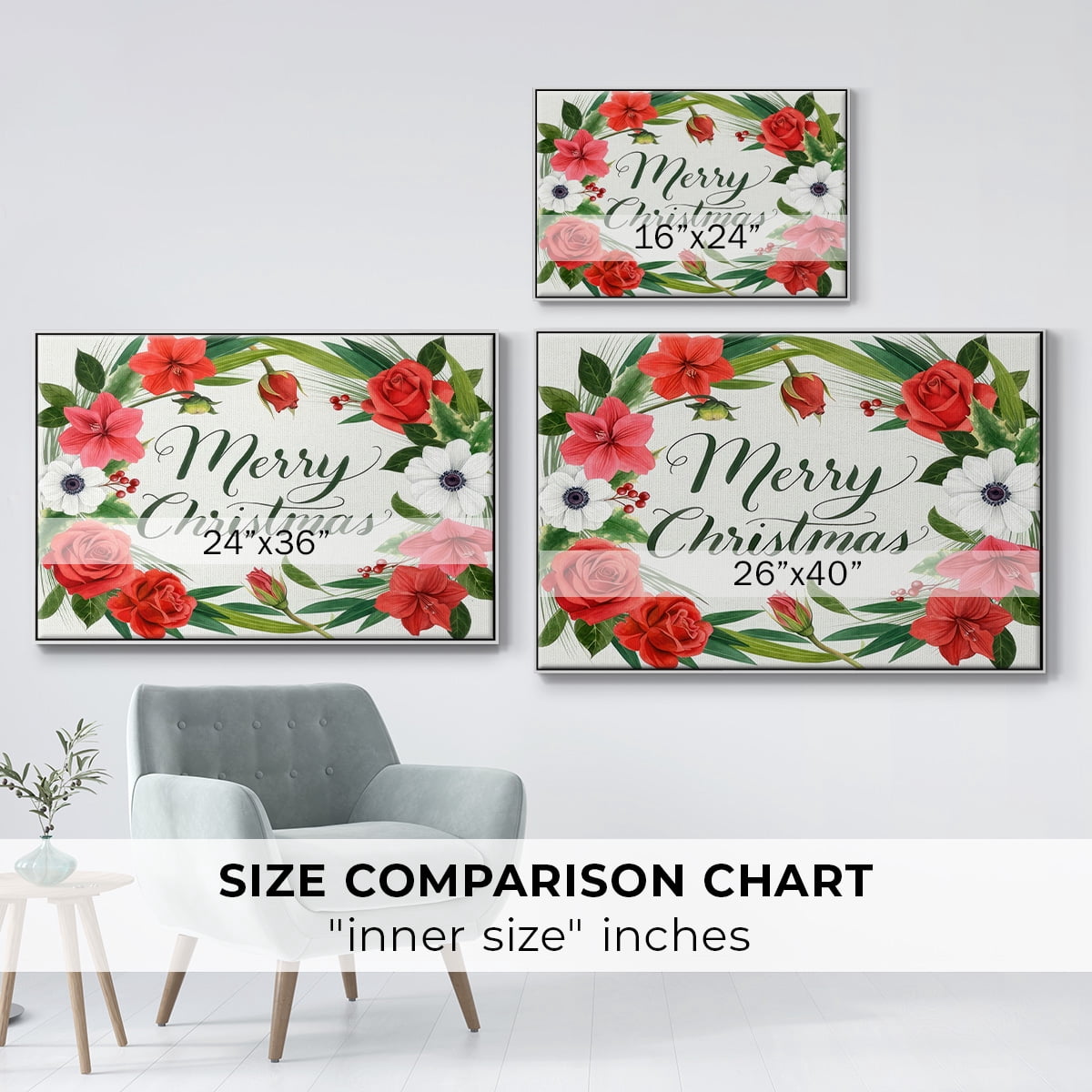 Christmas Flora Wreath Collection A - Framed Gallery Wrapped Holiday Canvas - 27 x 41 - White Frame