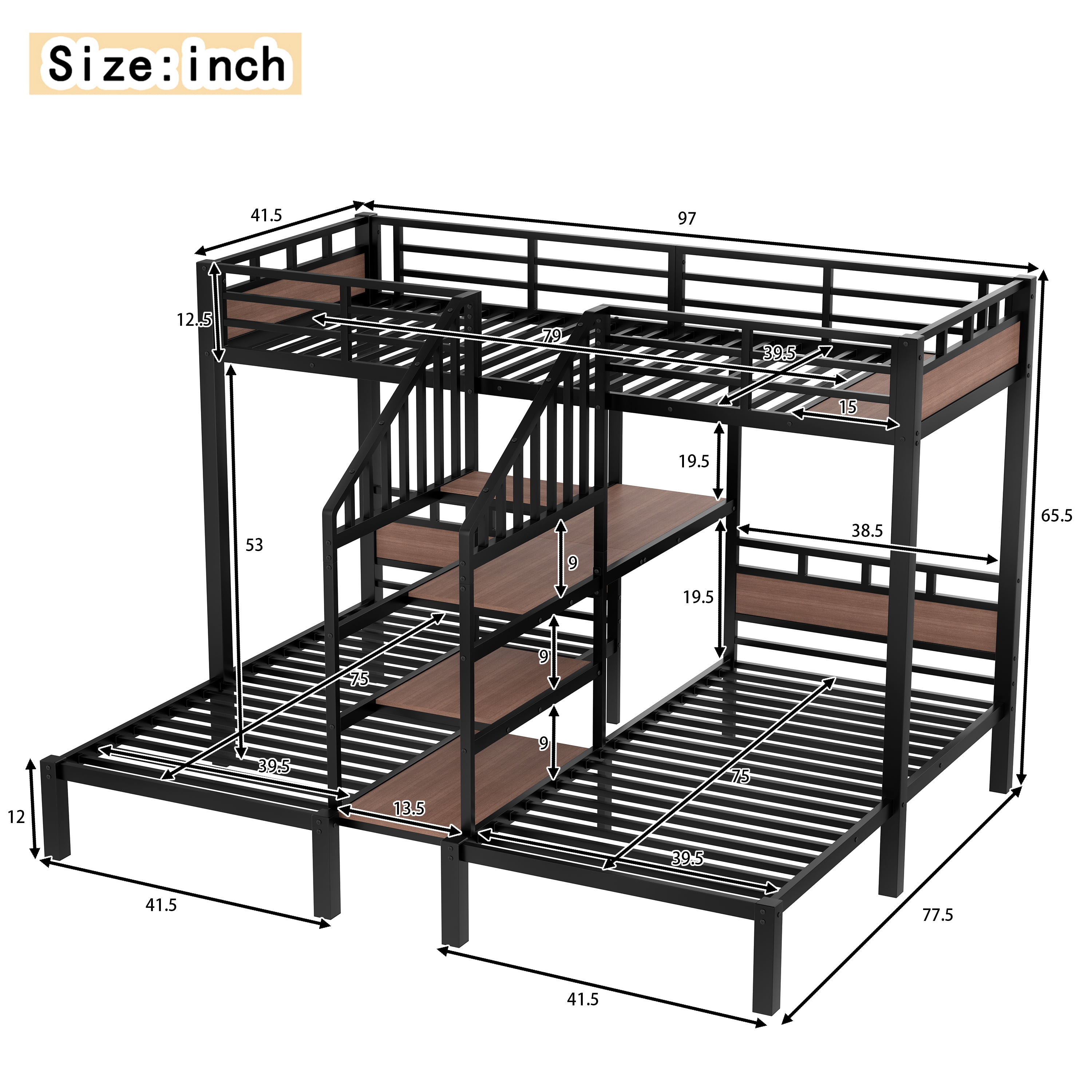 Triple Bunk Bed, Metal Bunk Bed, Twin over Twin over Twin with Storage Shelves, Headboard Shelf, Storage Stairs, Guardrails, 300 Lbs Each, Black for Kids Bedroom Dorm Hostel