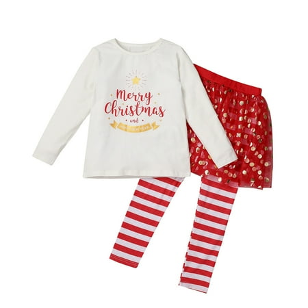 

AIMAOMI Toddler Kids Baby Girls Letter Christmas Tops+ Stripe Sequin Gauze Pants Set H