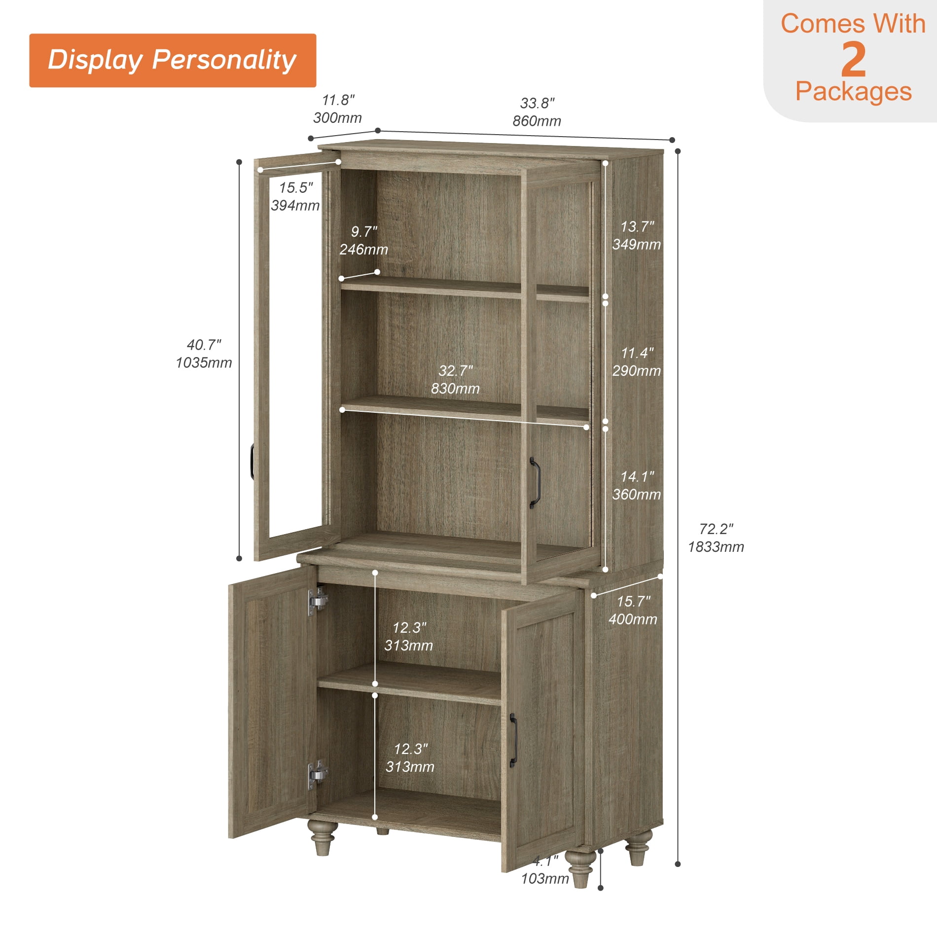 72.1"H × 33.9"W Large Farmhouse Wooden Bookcase with Glass Doors & Shelves, Storage Cabinet Bookcase for Living Room, Bedroom, Home Office & Kitchen, Wash Gray