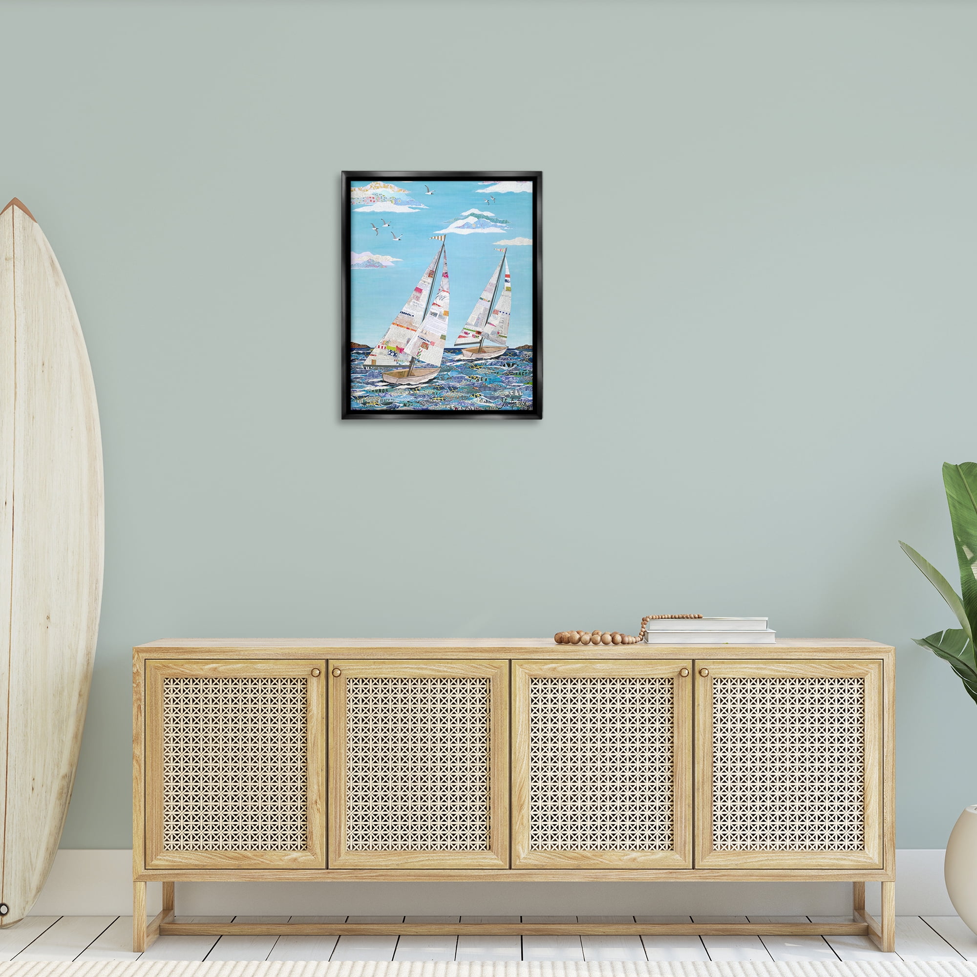 Stupell Industries Collaged Sailboat Pair Transportation Painting Black Floater Framed Canvas Art Print Wall Art, 25 x 31