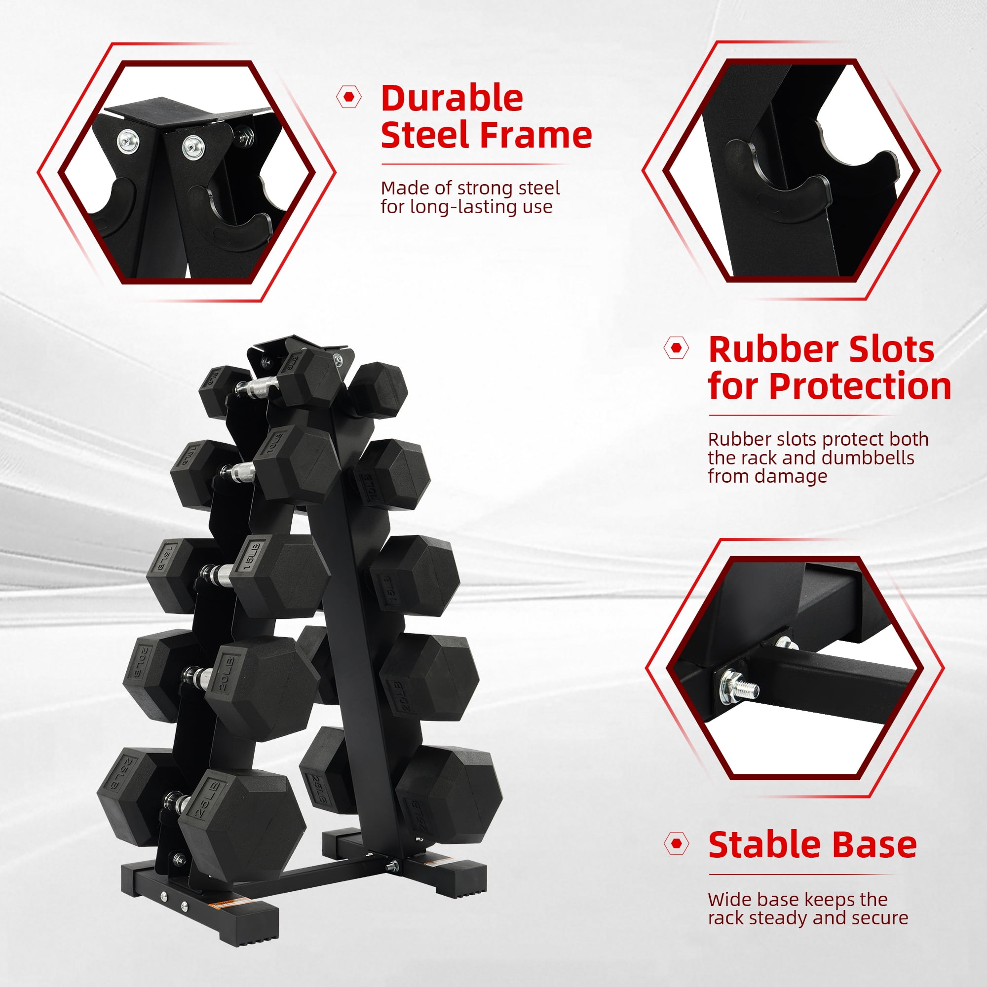 Sprint Demon 150LB Coated Hex Dumbbell Weight Set and A-Frame Storage Rack, 5-25 lbs Pairs