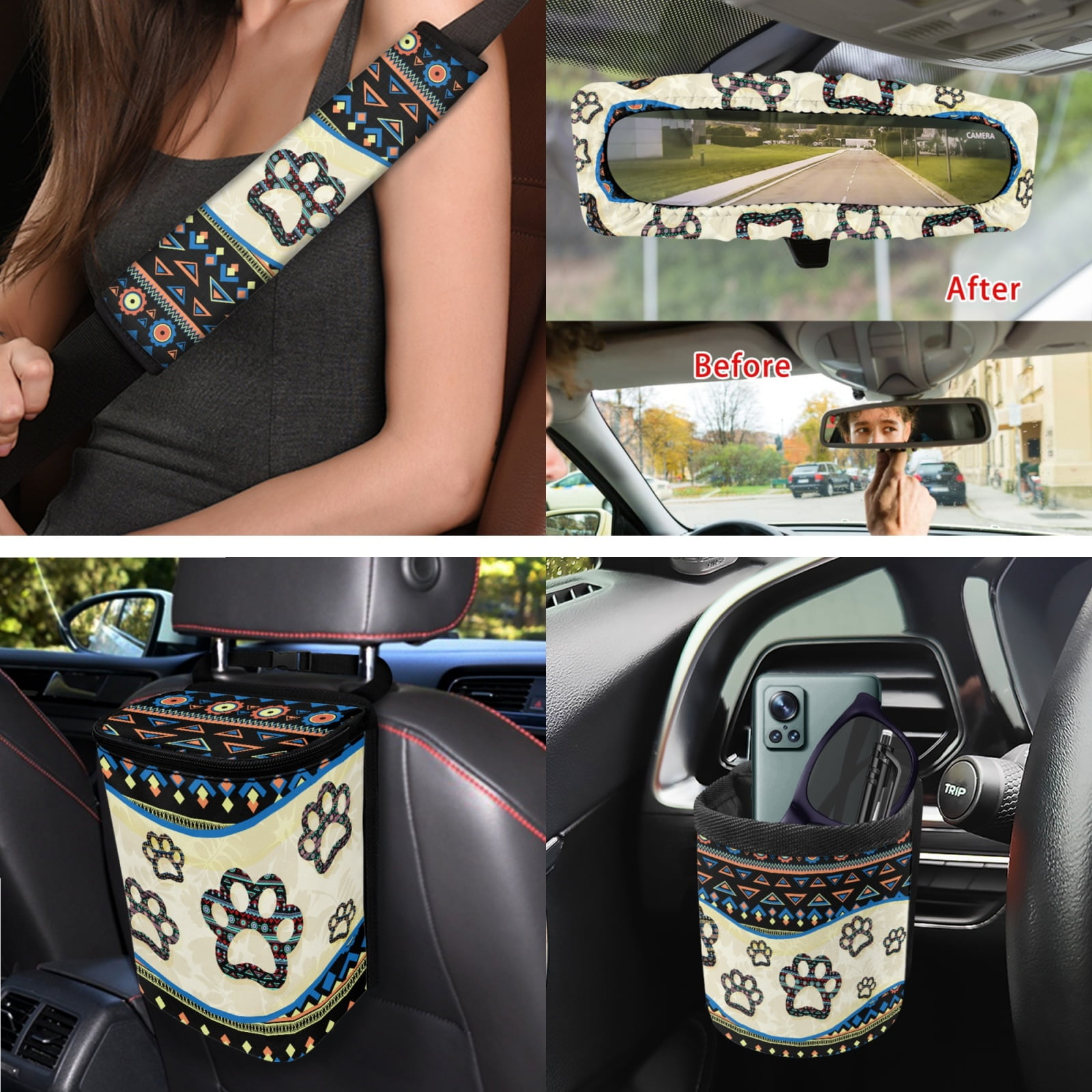 Yuyamidu 15 Piece Dog Paw Car Seat Covers Full Set Western Aztec Steering Wheel Cover Safe Belt Pads Trash Bin Rearview Mirror Cover Coasters Keychain Car Vent Organizer Car Decoration, 15 PCS