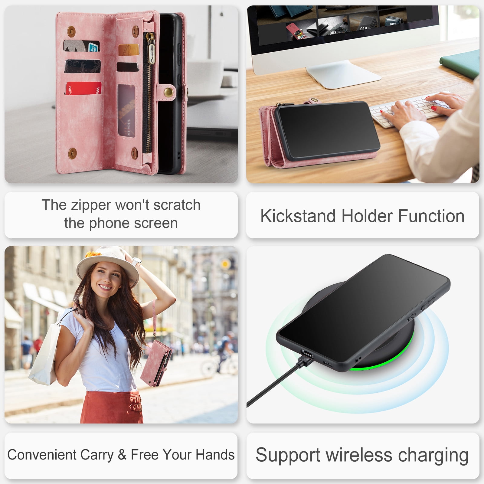 Feishell Durable 2-In-1 Magnetic Detachable Wallet Case for Samsung Galaxy S22,for Women Men,Premium PU Leather Zipper Pocket Flip Multi Card Slots Purse Phone Case with Wrist Strap,Pink