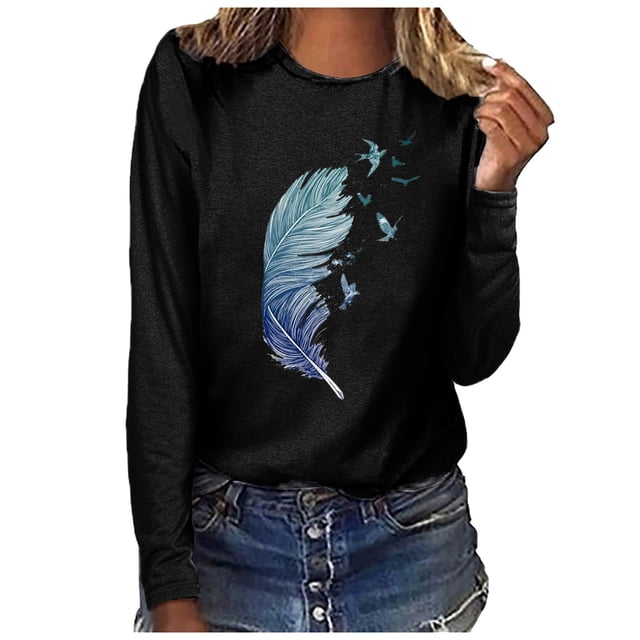 PVCS Hauts pour Femmes Col Rond Imprimé Manches Longues Blouse Décontractée Ample T-shirt
