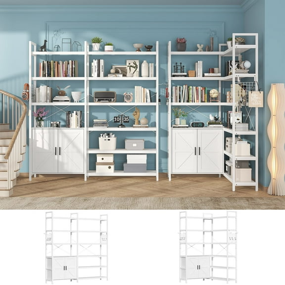 Semoic 6 Tire Large White L Shaped Bookshelf & Corner Bookcase with Storage Cabinet and 2 Barn Doors and 10 Storage Shelves, 71.3" Tall Farmhouse Etagere L Shaped Book-Shelf with Metal Frame(White)